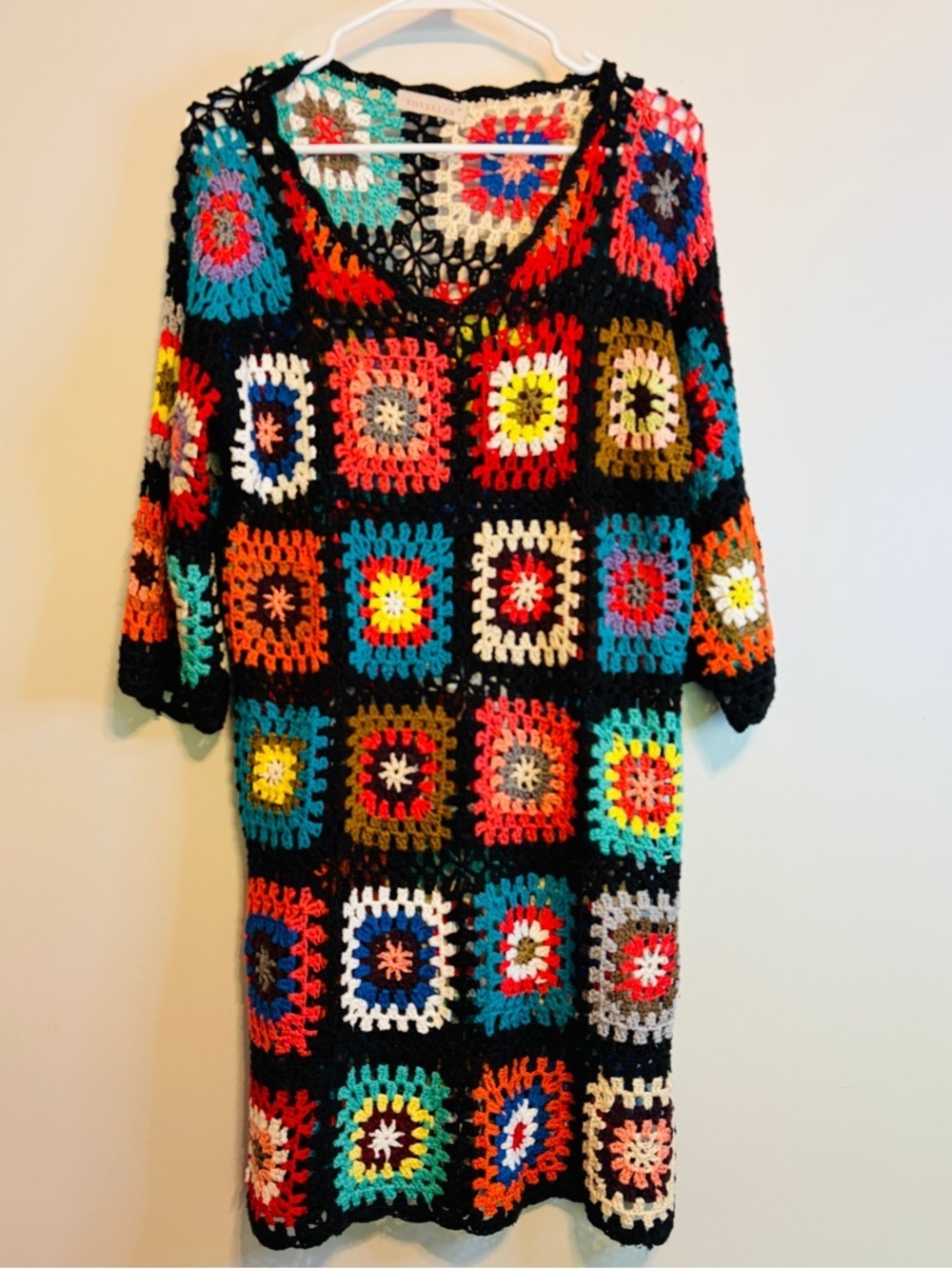 Boho Multicolor Crochet V‑Neck Sweater Dress - Black Trim